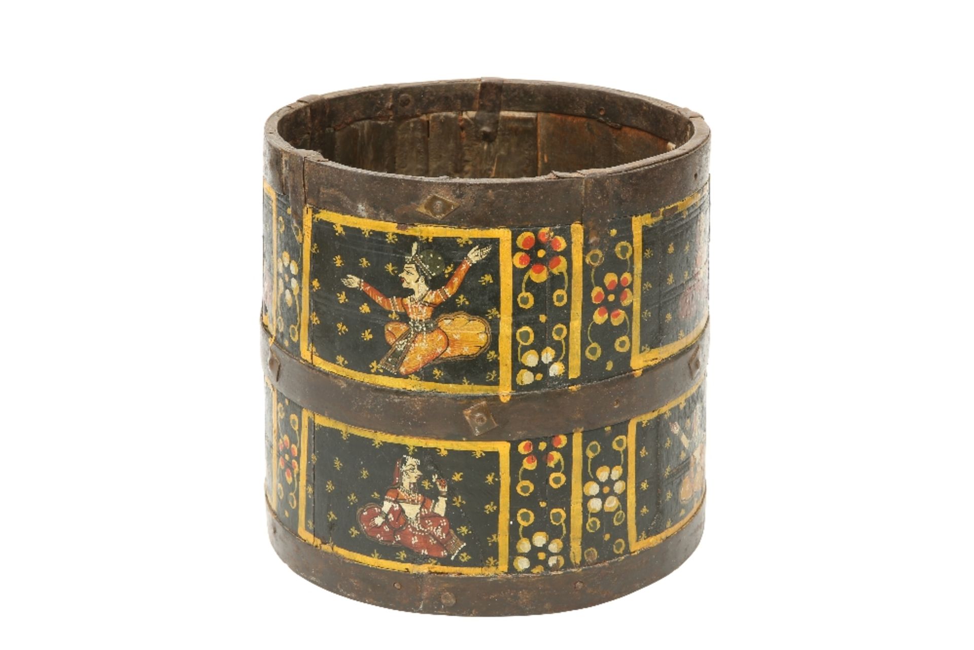 AN INDIAN IRON-BOUND AND PAINTED COOPERED WOODEN BUCKET MEASURE