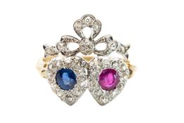 A SAPPHIRE, RUBY AND DIAMOND DOUBLE-HEART RING