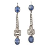 A PAIR OF SAPPHIRE AND DIAMOND PENDENT EARRINGS