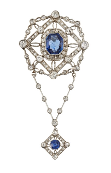 A SAPPHIRE AND DIAMOND BROOCH - Image 2 of 2