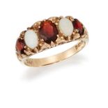 AN OPAL AND GARNET FIVE-STONE RING