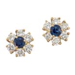 A PAIR OF SAPPHIRE AND DIAMOND CLUSTER EARRINGS