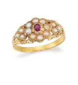 A MID 19TH CENTURY HALF-PEARL AND RUBY RING