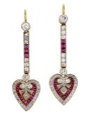 A PAIR OF RUBY AND DIAMOND PENDANT EARRINGS