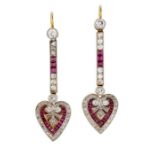 A PAIR OF RUBY AND DIAMOND PENDANT EARRINGS