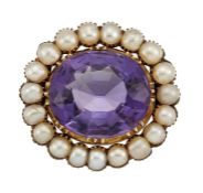 AN AMETHYST AND HALF PEARL BROOCH