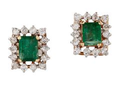 A PAIR OF EMERALD AND DIAMOND CLUSTER EARRINGS