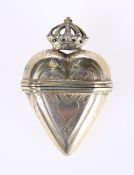 A WHITE-METAL HEART-FORM SPICE BOX (HOVEDVANDSAEG)