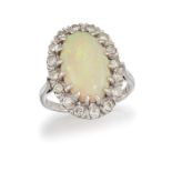 AN OPAL AND DIAMOND CLUSTER RING