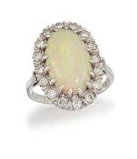 AN OPAL AND DIAMOND CLUSTER RING