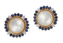 A PAIR OF MABÉ PEARL AND SAPPHIRE EARRINGS