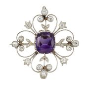 AN AMETHYST AND DIAMOND BROOCH