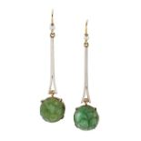 A PAIR OF JADEITE AND SEED PEARL PENDANT EARRINGS