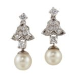 A PAIR OF CULTURED PEARL AND DIAMOND EARRINGS