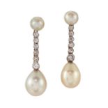 A PAIR OF PEARL AND DIAMOND DROP EARRINGS