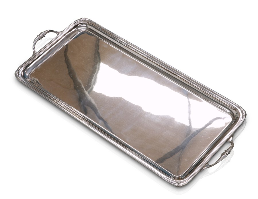 A GEORGE V SILVER TWO-HANDLED TRAY