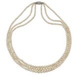 A NATURAL PEARL NECKLACE WITH A DIAMOND-SET CLASP