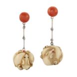 A PAIR OF CORAL AND DIAMOND DROP EARRINGS