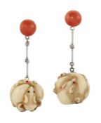 A PAIR OF CORAL AND DIAMOND DROP EARRINGS