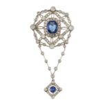 A SAPPHIRE AND DIAMOND BROOCH