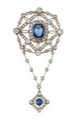 A SAPPHIRE AND DIAMOND BROOCH