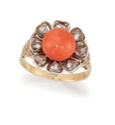 A CORAL AND DIAMOND CLUSTER RING