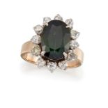 A GREEN SAPPHIRE AND DIAMOND CLUSTER RING