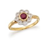 A RUBY AND DIAMOND CLUSTER RING