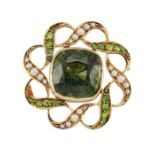 A ZIRCON, HALF PEARL AND PERIDOT BROOCH