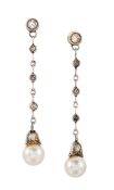 A PAIR OF CULTURED PEARL AND DIAMOND DROP EARRINGS