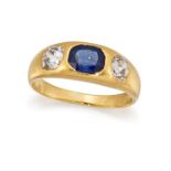 A SAPPHIRE AND DIAMOND THREE-STONE RING