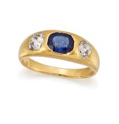 A SAPPHIRE AND DIAMOND THREE-STONE RING