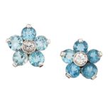 A PAIR OF AQUAMARINE AND DIAMOND CLUSTER EARRINGS