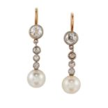 A PAIR OF CULTURED PEARL AND DIAMOND DROP EARRINGS