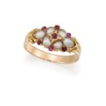 A HALF PEARL AND RUBY RING