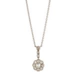 A CULTURED PEARL AND DIAMOND PENDANT NECKLACE