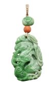 A JADEITE, CORAL AND DIAMOND PENDANT