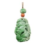 A JADEITE, CORAL AND DIAMOND PENDANT