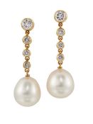 A PAIR OF CULTURED PEARL AND DIAMOND EARRINGS