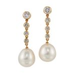 A PAIR OF CULTURED PEARL AND DIAMOND EARRINGS