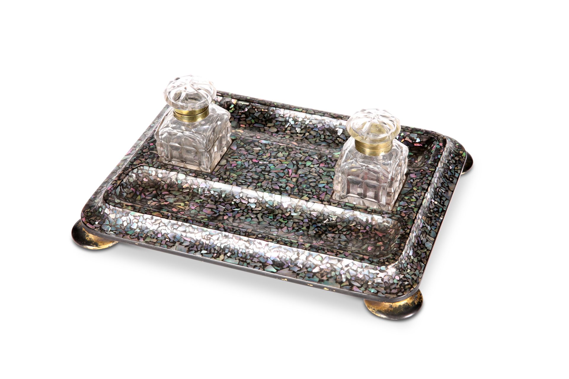 A VICTORIAN MOTHER-OF-PEARL AND ABALONE INLAID PAPIER-MACHE INKSTAND