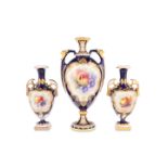 THREE ROYAL WORCESTER FRUIT PAINTED TWO-HANDLED VASES