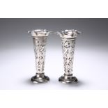 A PAIR OF EDWARDIAN PIERCED SILVER VASES, by W.H. Lyde