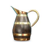 A BRASS AND COOPERED OAK PITCHER, of ovoid form. 50.5cm high