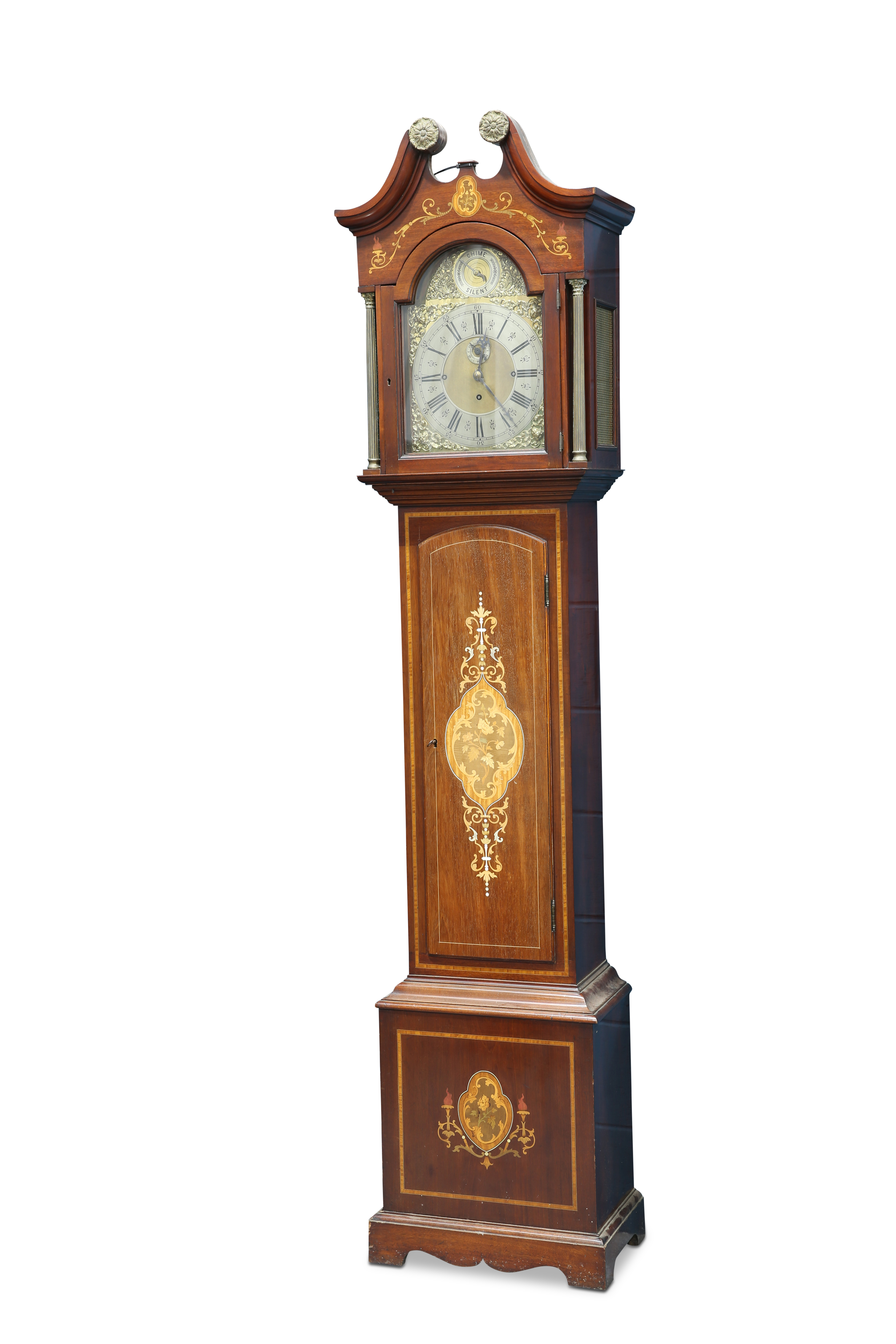 AN EDWARDIAN INLAID MAHOGANY THREE-WEIGHT MUSICAL LONGCASE CLOCK