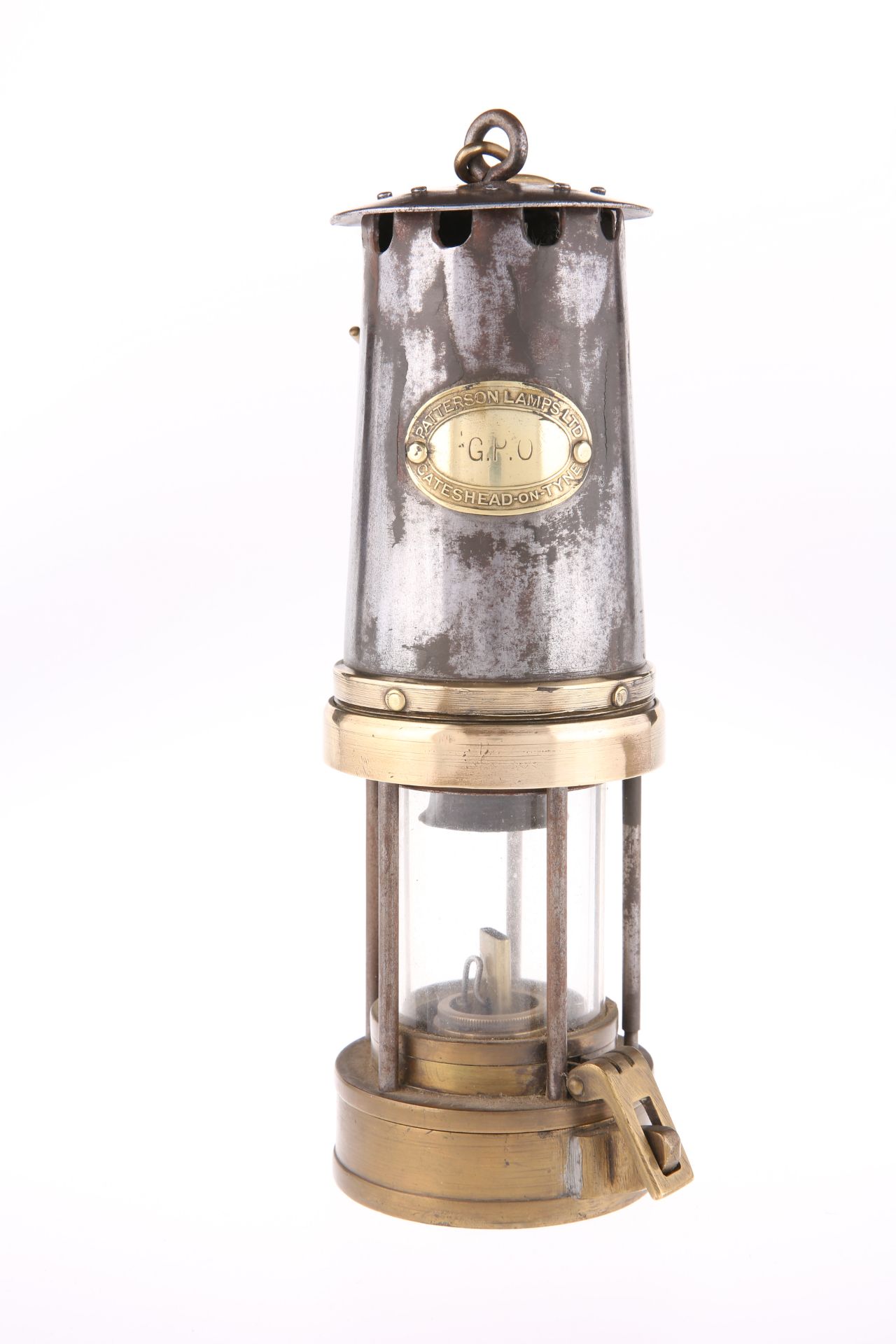 A PATTERSON G.P.O. BRASS AND STEEL MINER'S LAMP