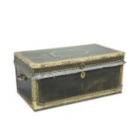A CHINESE EXPORT GREEN LEATHER COVERED AND BRASS-BOUND CAMPHOR WOOD TRUNK