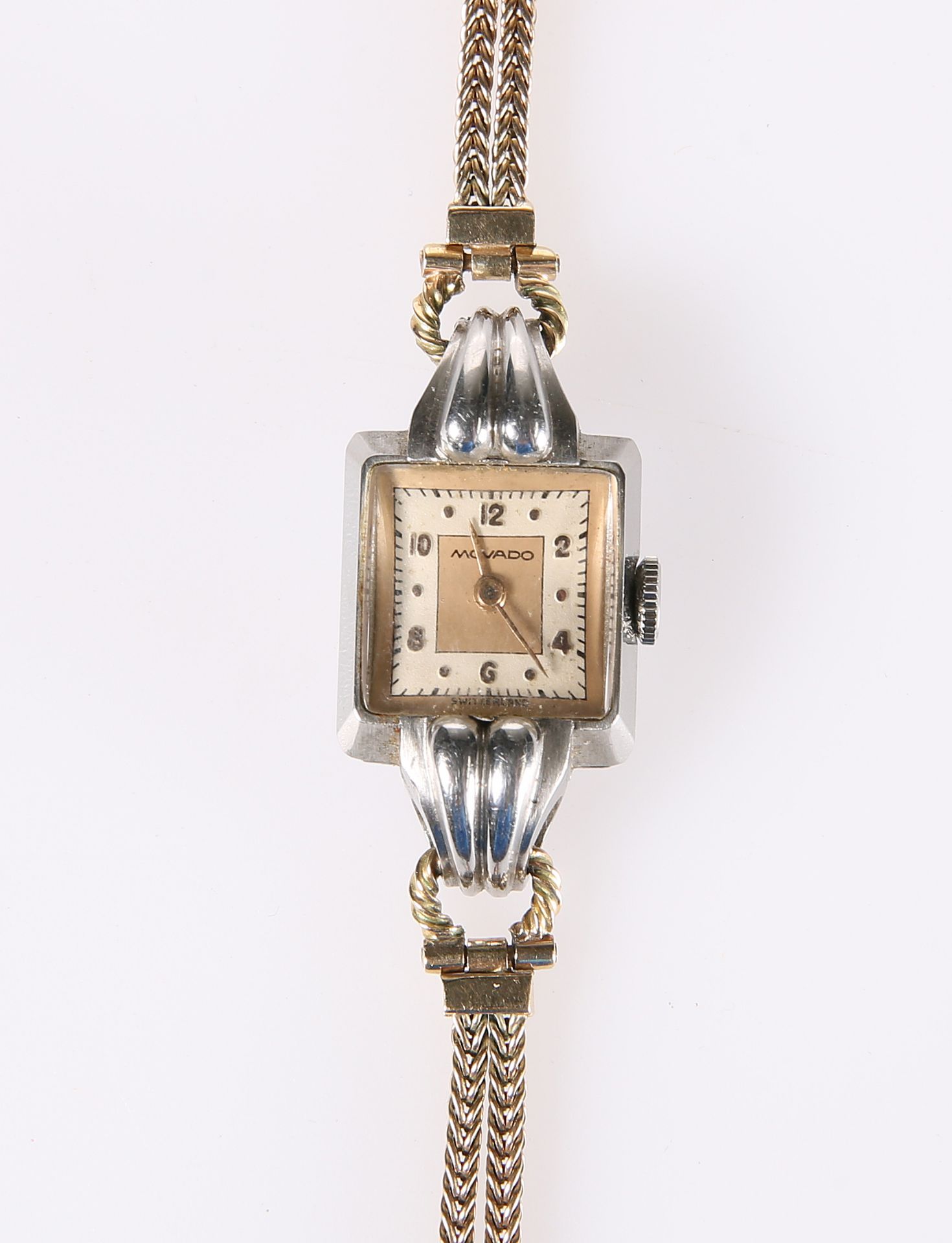 A VINTAGE MOVADO LADY'S WRIST WATCH WITH 9 CARAT GOLD STRAP