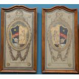 A PAIR OF WALNUT FRAMED HATCHMENTS