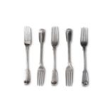 A SET OF FIVE GEORGE III SILVER DESSERT FORKS, by Paul Storr